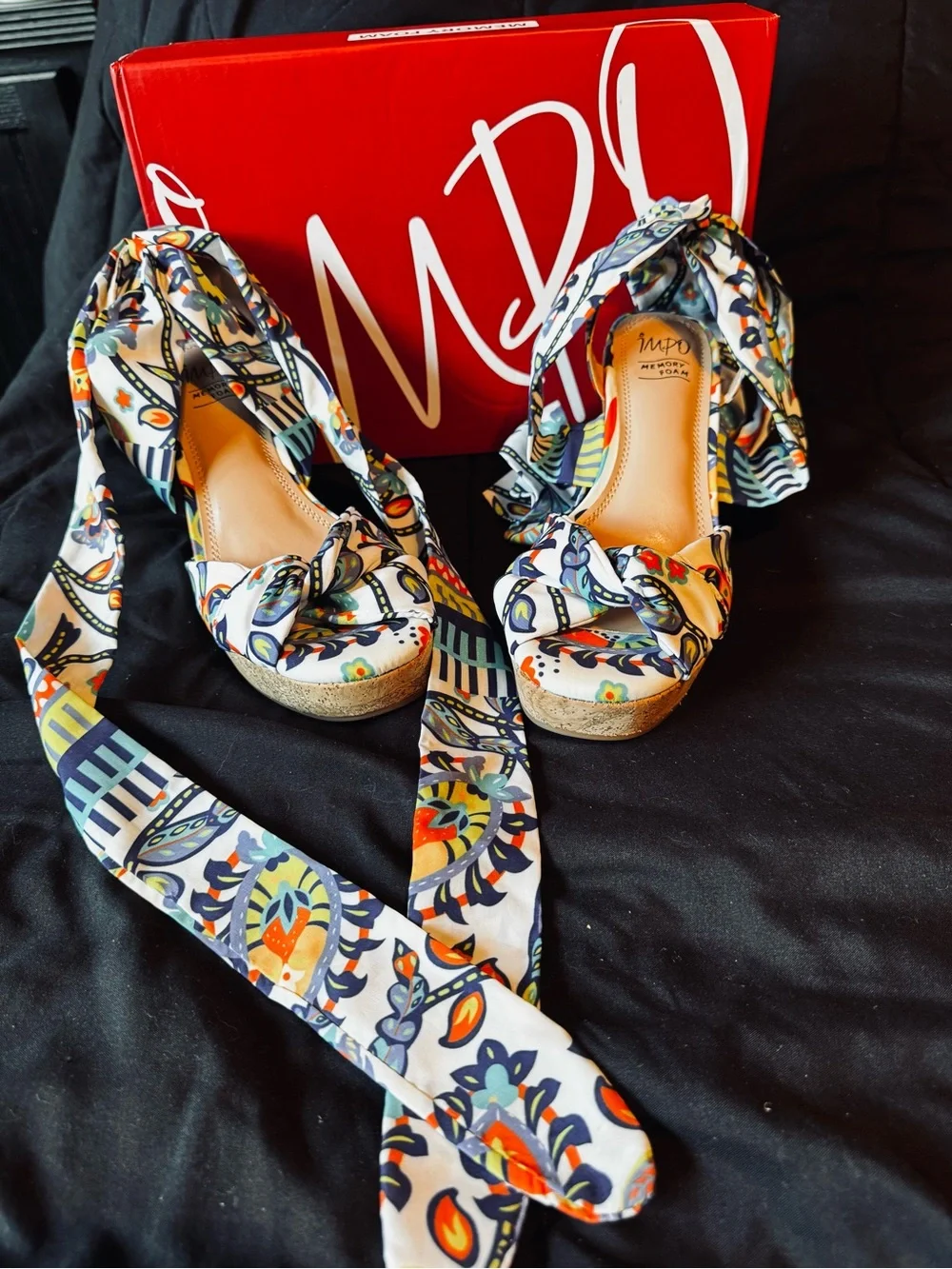 Impo Memory Foam Scarf Tie Wedge Sandals Size 6.5 Boho Floral Platform Heels